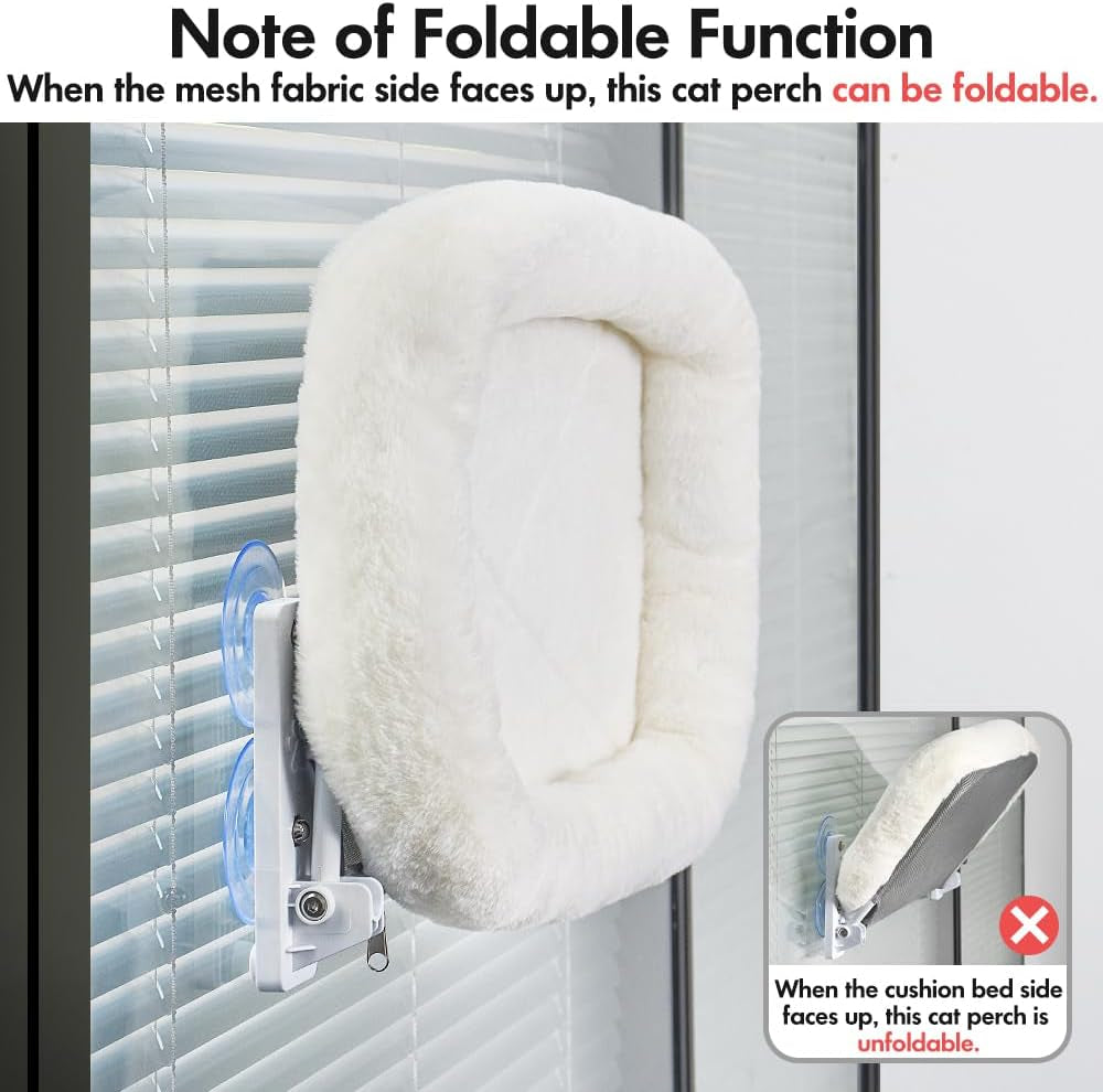 Cat Window Perch, Cordless Hanging Cat Hammock with Cushion Bed, Sturdy Metal Frame, Fits Windows 27"+, White