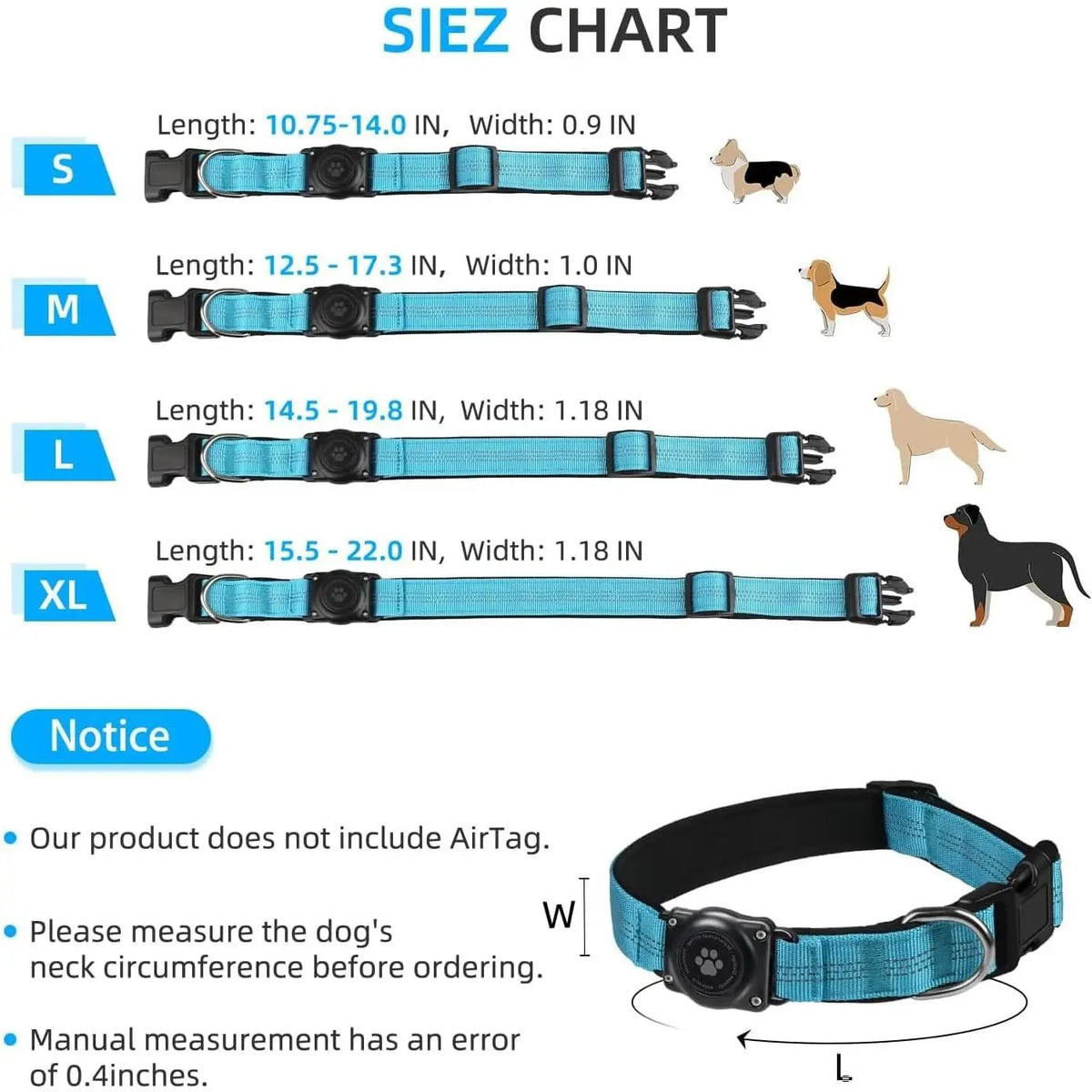 AirTag Dog Collar, Waterproof Integrated GPS Tracker Holder, Reflective Heavy-Duty Nylon Collar for Medium & Large Dogs