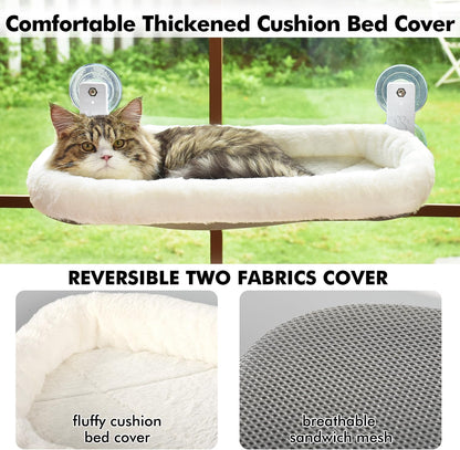 Cat Window Perch, Cordless Hanging Cat Hammock with Cushion Bed, Sturdy Metal Frame, Fits Windows 27"+, White
