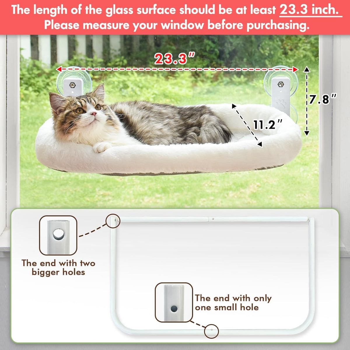 Cat Window Perch, Cordless Hanging Cat Hammock with Cushion Bed, Sturdy Metal Frame, Fits Windows 27"+, White