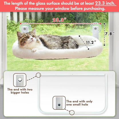 Cat Window Perch, Cordless Hanging Cat Hammock with Cushion Bed, Sturdy Metal Frame, Fits Windows 27"+, White