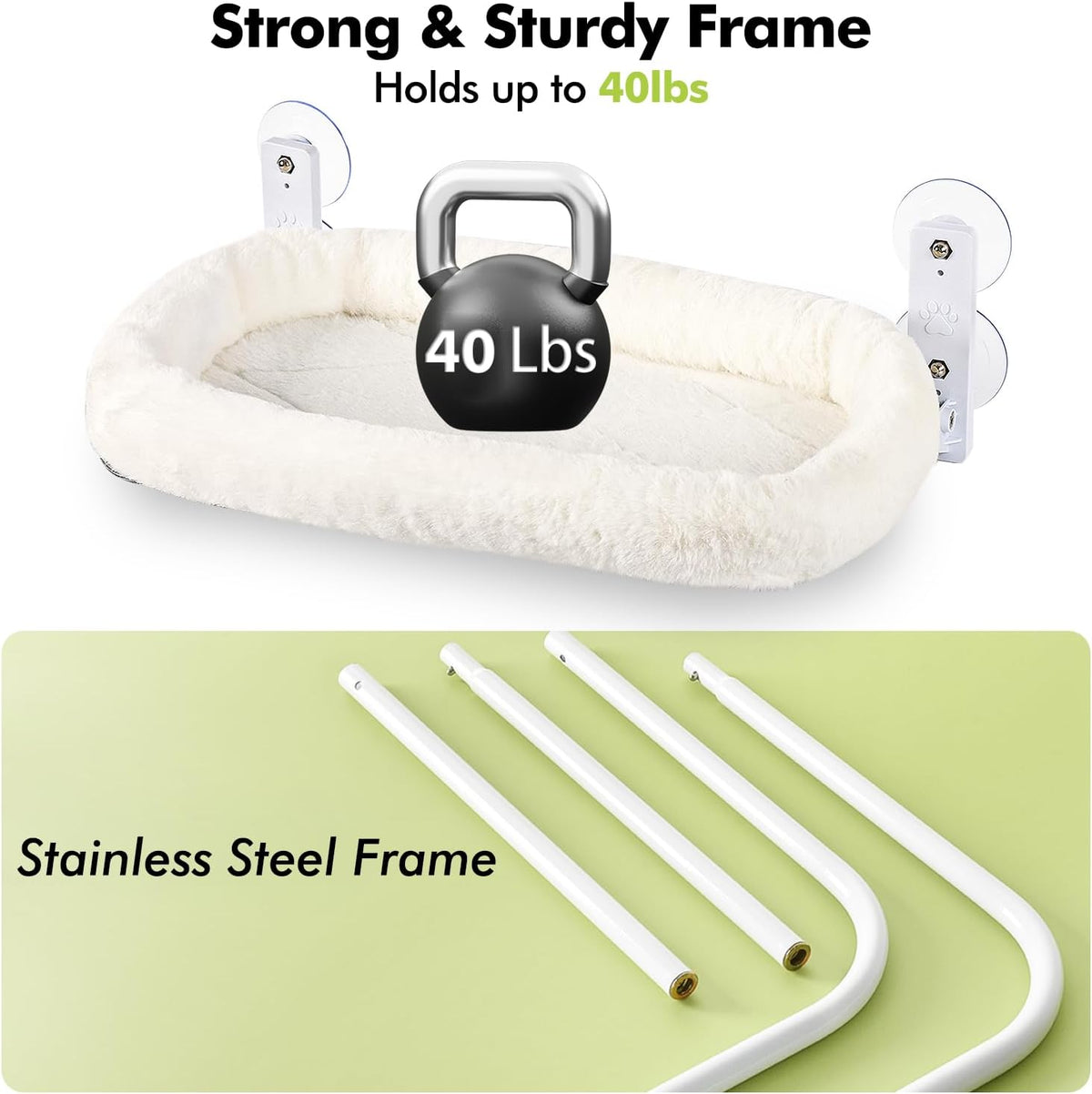 Cat Window Perch, Cordless Hanging Cat Hammock with Cushion Bed, Sturdy Metal Frame, Fits Windows 27"+, White